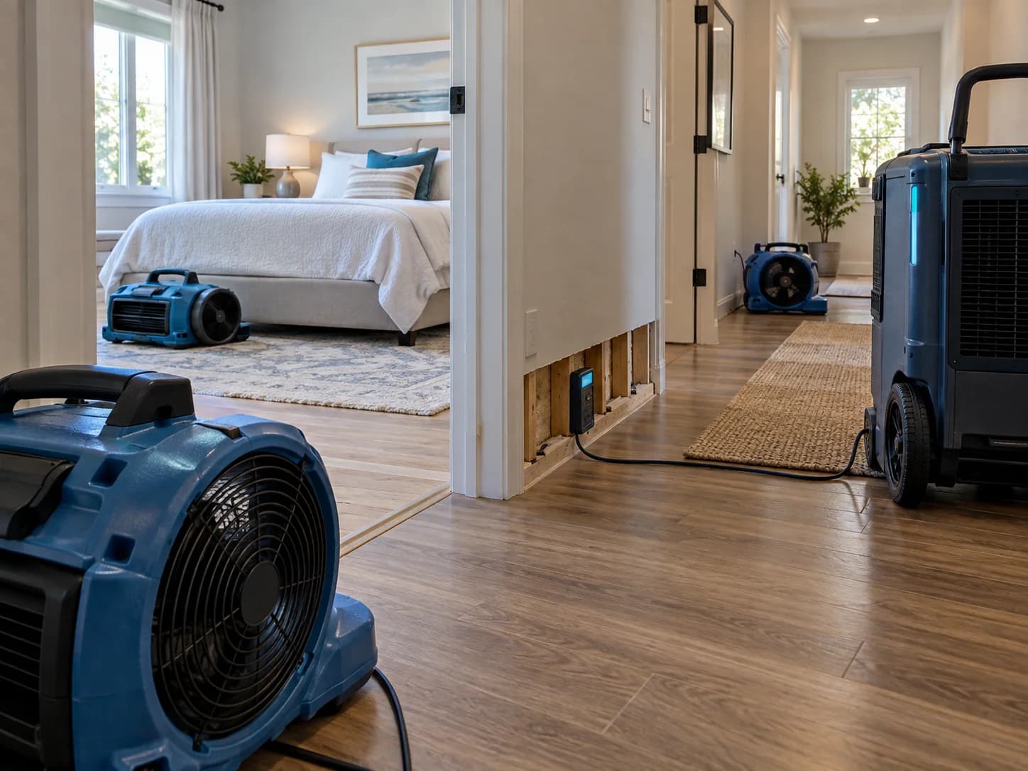 Illustrative view of air movers and a dehumidifier arranged for structural drying